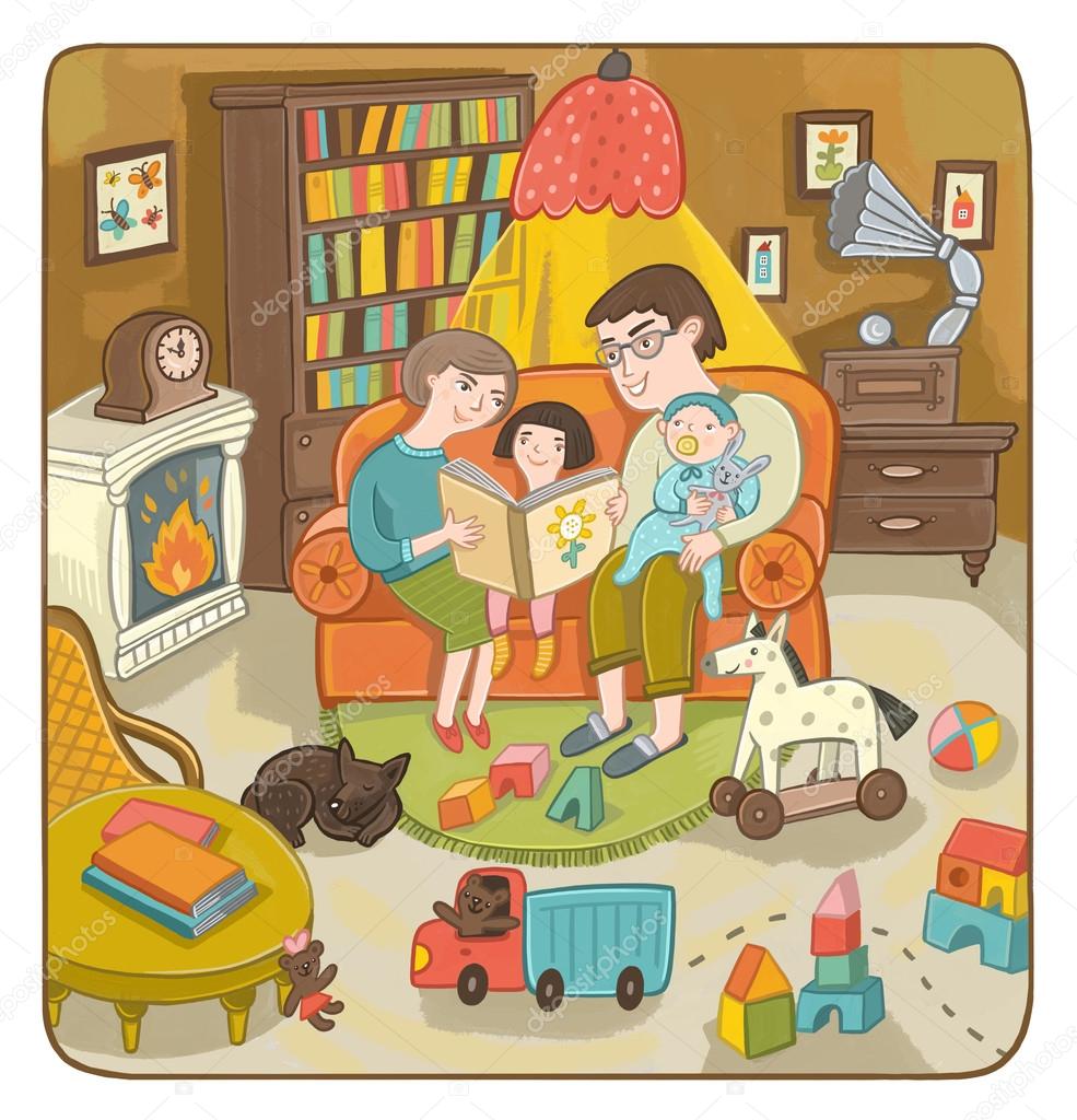 Читать играть в семью. Семья иллюстрация. Семейные рисунки с детьми. Семейный досуг иллюстрации. Семья картинки мультяшные.